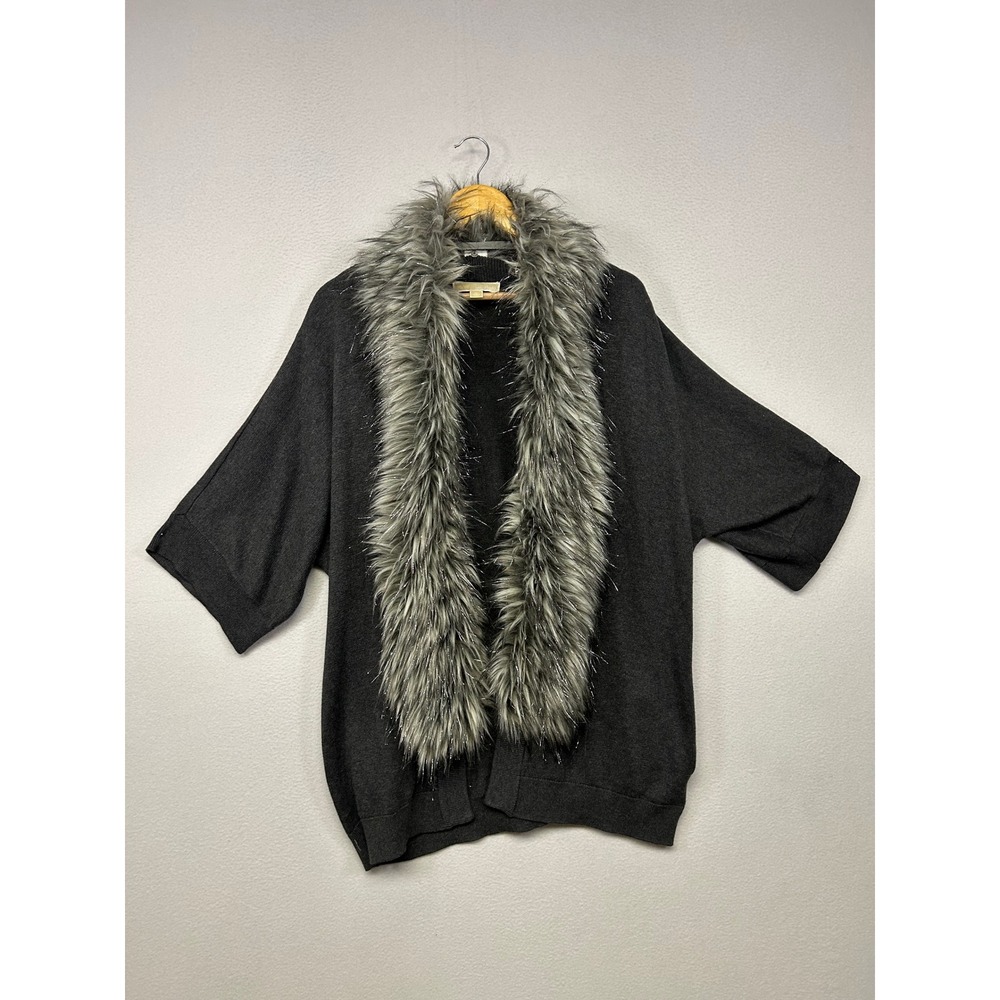 Glam Chic Michael Kors Womens XL Gray Faux Fur Trim Short Sleeve Open Cardigan